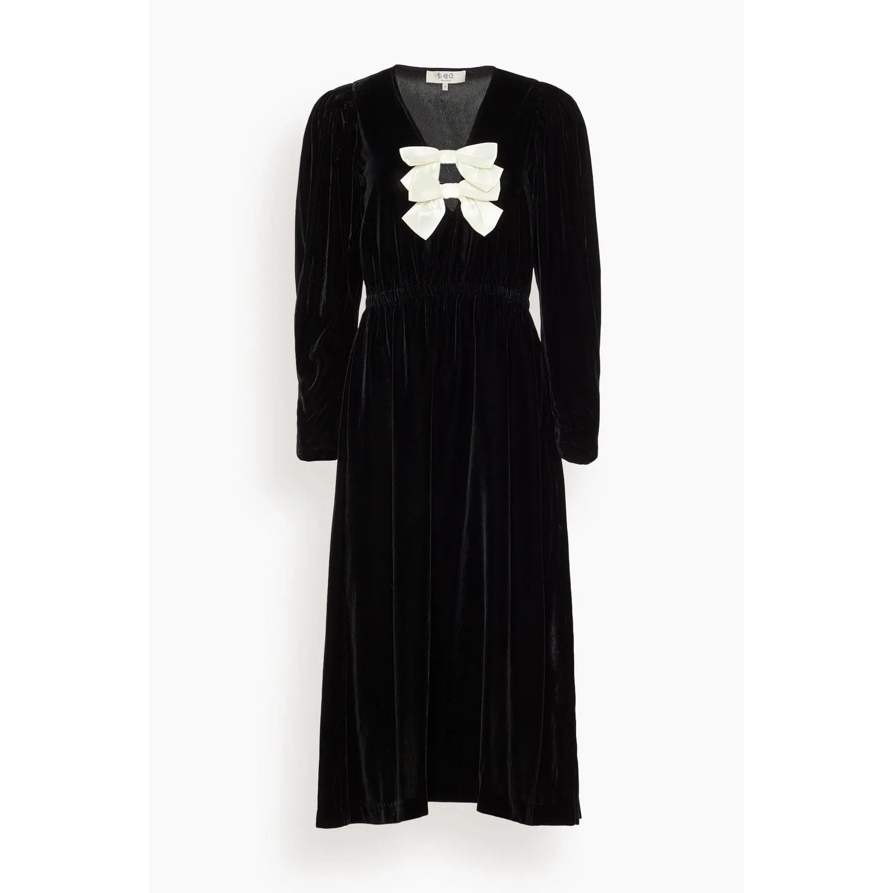 Seraphine Velvet Long Sleeve Midi Dress in Black