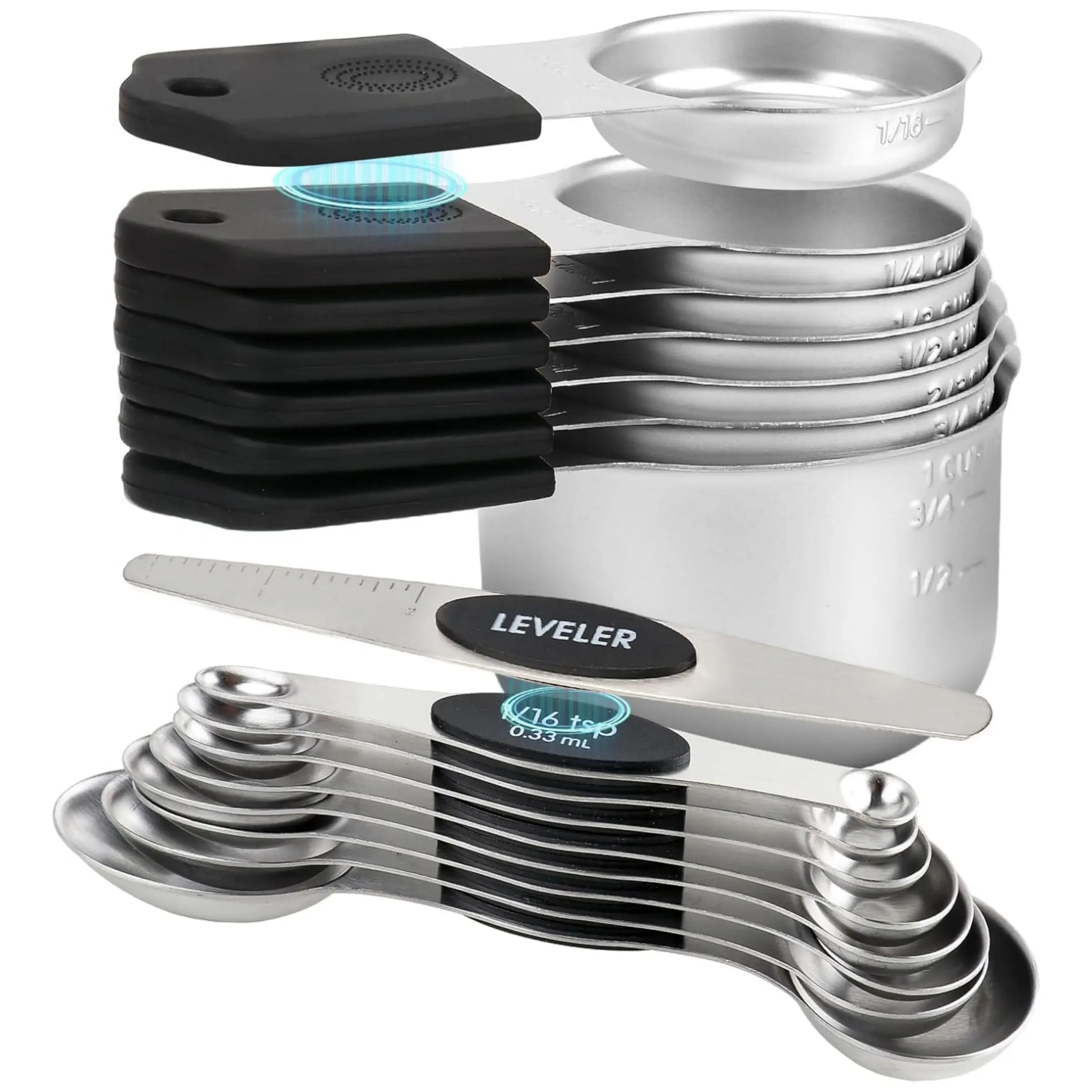16 Piece Stainless Steel Measuring Cups and Spoons Set, Kitchen Measuring Utensils, Kitchenware, Food Measuring Tool, Strong Magnetic Nesting Design, Level Included, Dual Measurement Markings, Metal Measuring Cups and Spoons Set