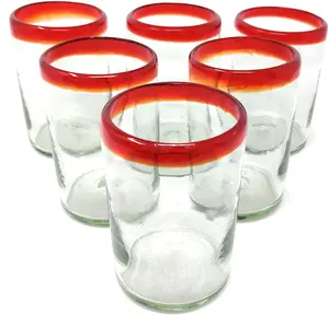 Hand Blown Mexican Drinking Glasses - Set of 6 Glasses with Red Rims (14 oz each)