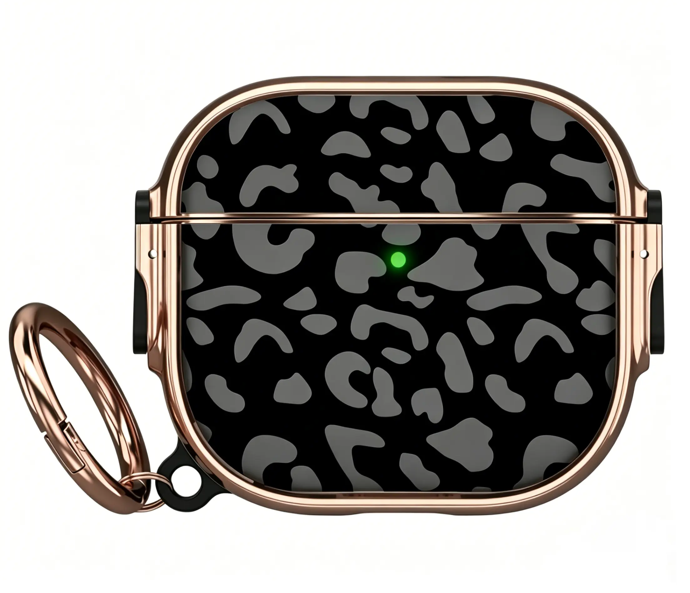 Trendy black-gray leopard print | Full wrap luxury rose gold trim | Anti-lost metal ring included | Glossy scratch-proof coating | Fits AirPods Pro3 & 4 | Charge without case removal | Shockproof & easy to install