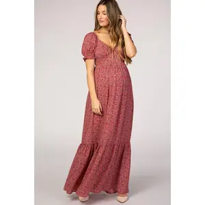 Pink Floral Puff Sleeve Maternity Maxi Dress