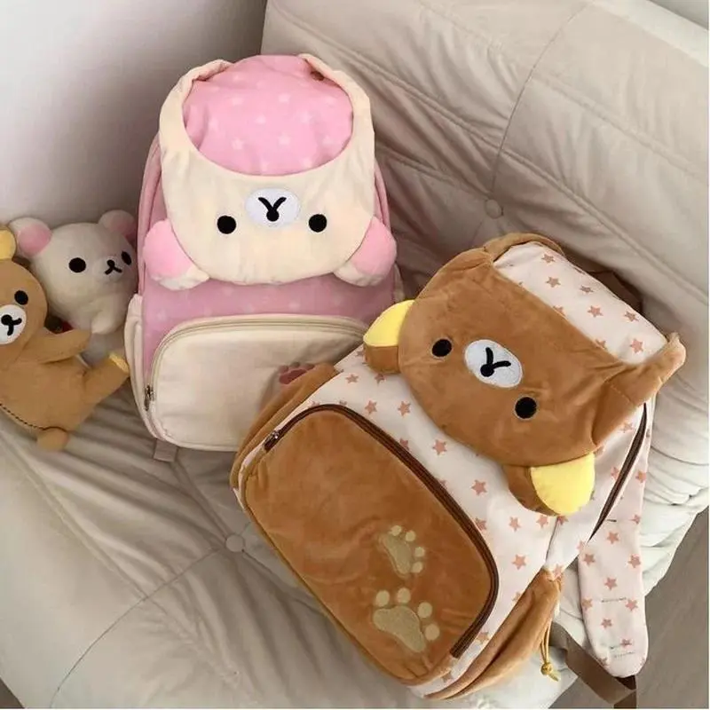San-X Rilakkuma Kawaii Japanese Plush Backpack Large Capacity Bear Girl JK Lolita Style Schoolbag Cute Storage Bag for Girls