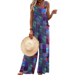 Women's Casual Overalls Loose Wide Leg Jumpsuits Summer Boho Floral Printed Baggy Rompers with Pockets