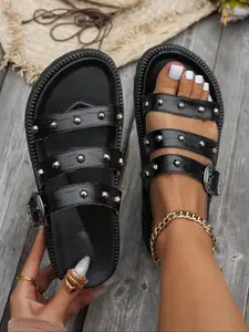 Women's Rivet Thick Sole Sandals, PU Leather Anti-Slip Slip-On Shoes, Comfortable Casual Footwear for Daily Wear, Pu Leather Slides