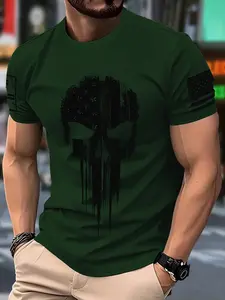 Men's Short Sleeve Fitted T-Shirt, Punisher Skull & American Flag Print, Tactical Streetwear Summer Casual Military Style Clothing