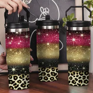 30oz Stainless Steel Insulated Tumbler with Leak-Proof Lid & Portable Handle - Pink Glitter Leopard Graphic,Long-Lasting Hot/Cold Insulation, Personalized Winter Tumbler for Her/His, New Year gifts