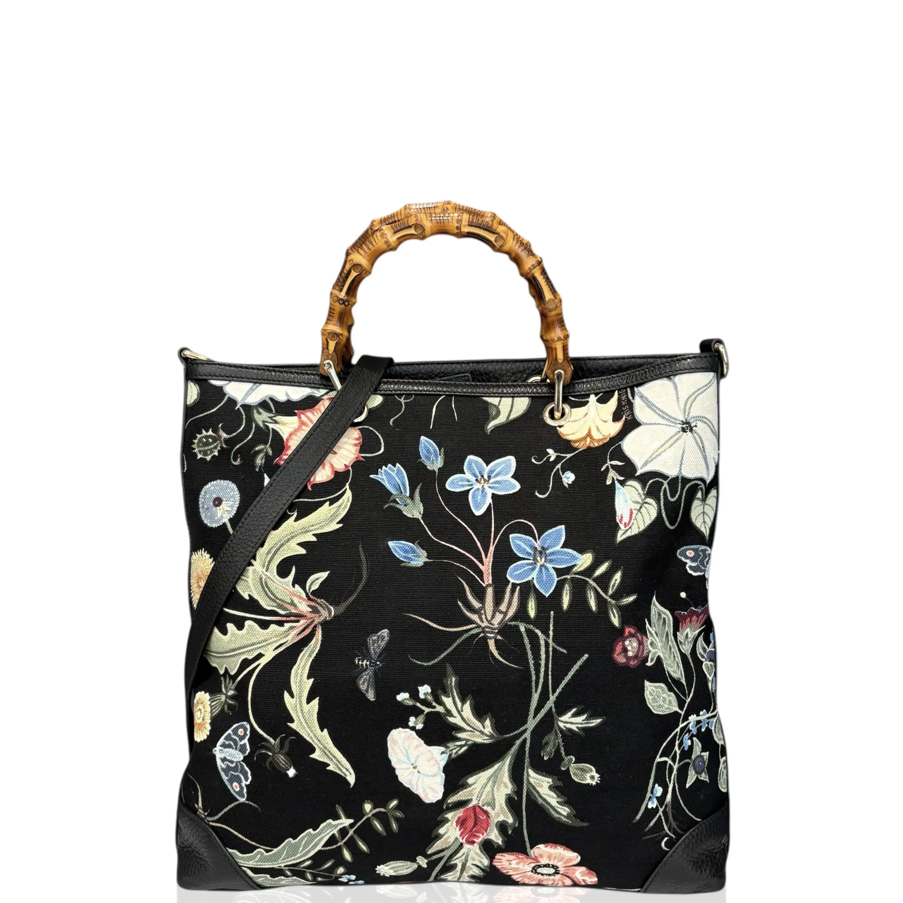 Pre-owned GUCCI Leather tote bags Flower Bamboo Tote Bag Canvas Black Blue Green (ym030126b3)