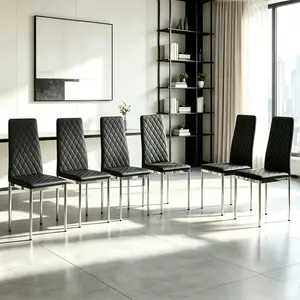 Modern Diamond Tufted PU Leather Dining Chairs Set of 6, High Back Chrome Legs, Comfortable for Dining Room/Kitchen, Black/Silver