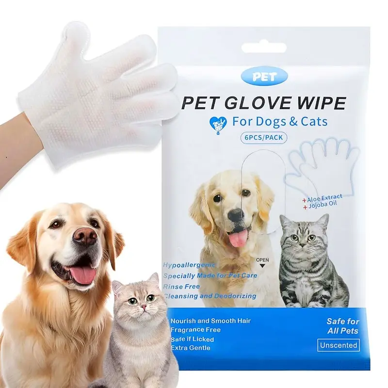 Pet Wet Wipes Gloves Set of 6, Disposable Cleaning Gloves for Dogs, Cats and Kitty, Suitable for Puppy and Kitten Bathing and Odor Removal, Grooming Products