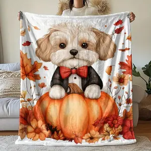1pc Suige Home Halloween Dog Pumpkin Print Blanket - Cute Fluffy dog in tuxedo with Pumpkin, Super Soft Flannel All-Season Cozy Throw for Couch, Bed, Travel, Picnic - Machine Washable Fall Home Decor Gift for Pet Lovers, Seasonal Decoration