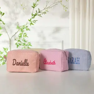 Personalized Seersucker Toiletry Bag Custom Name, Chenille Bridesmaid Makeup Pouch, Getting Ready Bag Bachelorette Gift, Girls Trip Vacation Travel Organizer