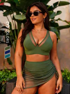 Women's Plus Size Swimwear Mesh Splice Bikini, Solid Olive Green Supportive Swimwear, High Waist Drawstring Skirt Bottom, Summer Pool Party Holiday Travel