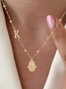 Women's Stainless Steel Initial Pendant Necklace, Hamsa Hand Zirconia Inlay Hand Design Jewelry, Casual All-Seasons Accessory for Women, Initial Letter Necklace