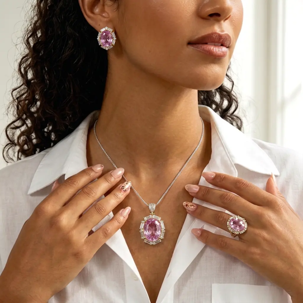 The pink gemstone set sparkles like a goddess in every frame—a dazzling pink jewelry ensemble that has everyone talking about you. You can’t believe how elegant it looks!