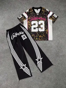 American Streetwear Leopard Print Men's Suit, V-Neck Short Sleeve Tee + Wide Leg Pants, Casual Sporty, Trendy Leopard Style