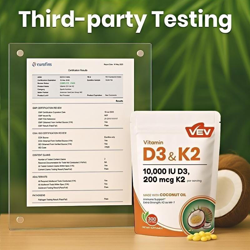 VEV 2-in-1 Vitamin Supplement D3 10000 IU & K2 200 mcg with Virgin Coconut Oil 300 Softgels for Immune Support Extra Strength MK-7