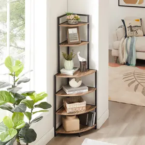 6-Tier Corner Open  Modern Bookcase Wood Rack Freestanding Shelving Unit,Plant Album Trinket Sturdy Stand Small Bookshelf Space-Saving for Living Room Home Office Kitchen Small Space Rustic Brown Organiser Photo Wooden ikea kallax rotating bookcase