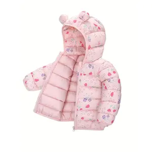 NewGirls' Cute Teddy Bear Hooded Jacket - Lightweight Warm Winter Coat with Floral & Heart Patterns, Zip-Up Front, Long Sleeves, All-Season Casual Wear, Winter Coat for Girls, Playful Design, Soft Texture
