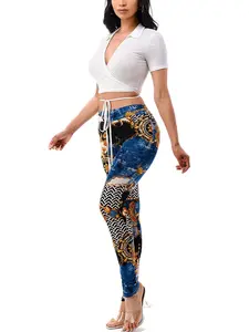 2 PIECE SET w/ CHAIN DENIM PRINT LEGGINGS