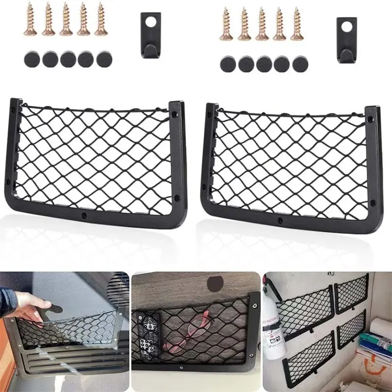 2/4set Durable Elastic Mesh Campervan Storage Nets with Hooks - 14x7 Inches Organizer Pockets for Car, Ideal for Storing Keys, Phones & More Essentials, Car Organizers, Car Organization Supplies
