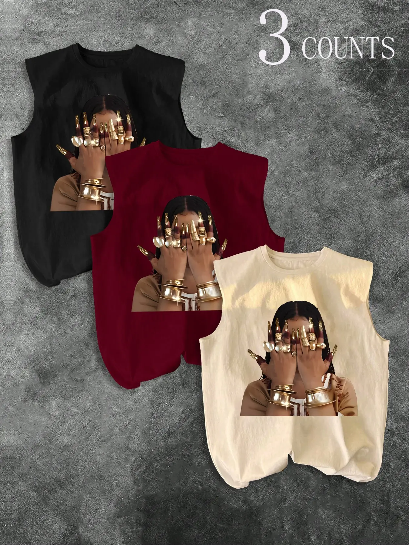 3-Pack Men's Classic Portrait Print Sleeveless Tank Tops Vests, Summer Loose Fit Baggy Oversized Casual Round Neck Tees, European Style Graphic Shirts, Casual Summer Clothing