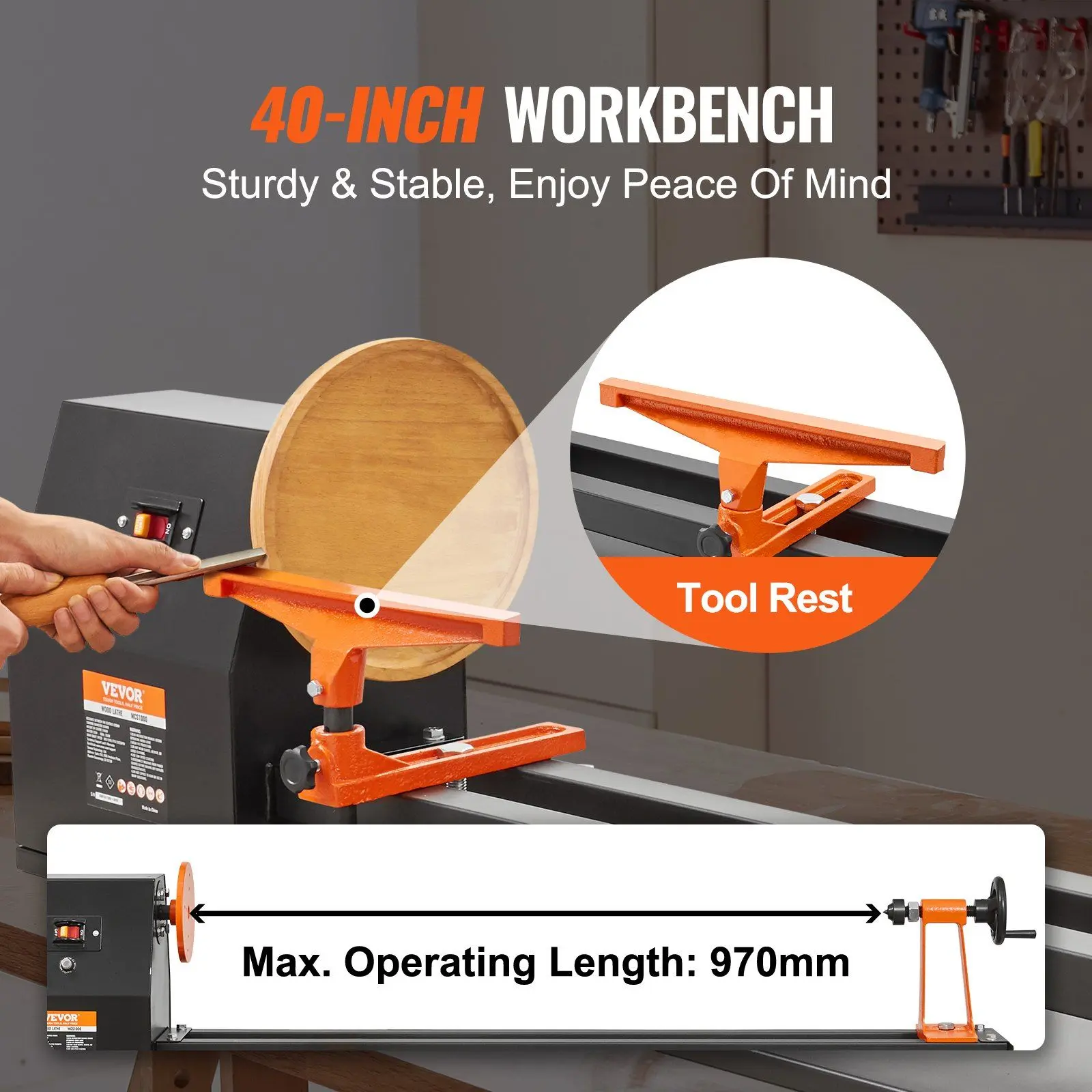 VEVOR Benchtop Wood Lathe, 14in x 40 inch 0.5 hp 370W Wood Turning Machine with Stable Working Platform, 4 Speeds (885/1245/1715/2425 RPM), 3 Chisels, 1 Faceplate, Plastic Handle, 1 Hex Wrench for Versatile, Precise Woodworking, 1 X Faceplate, 1 X Hex Wre