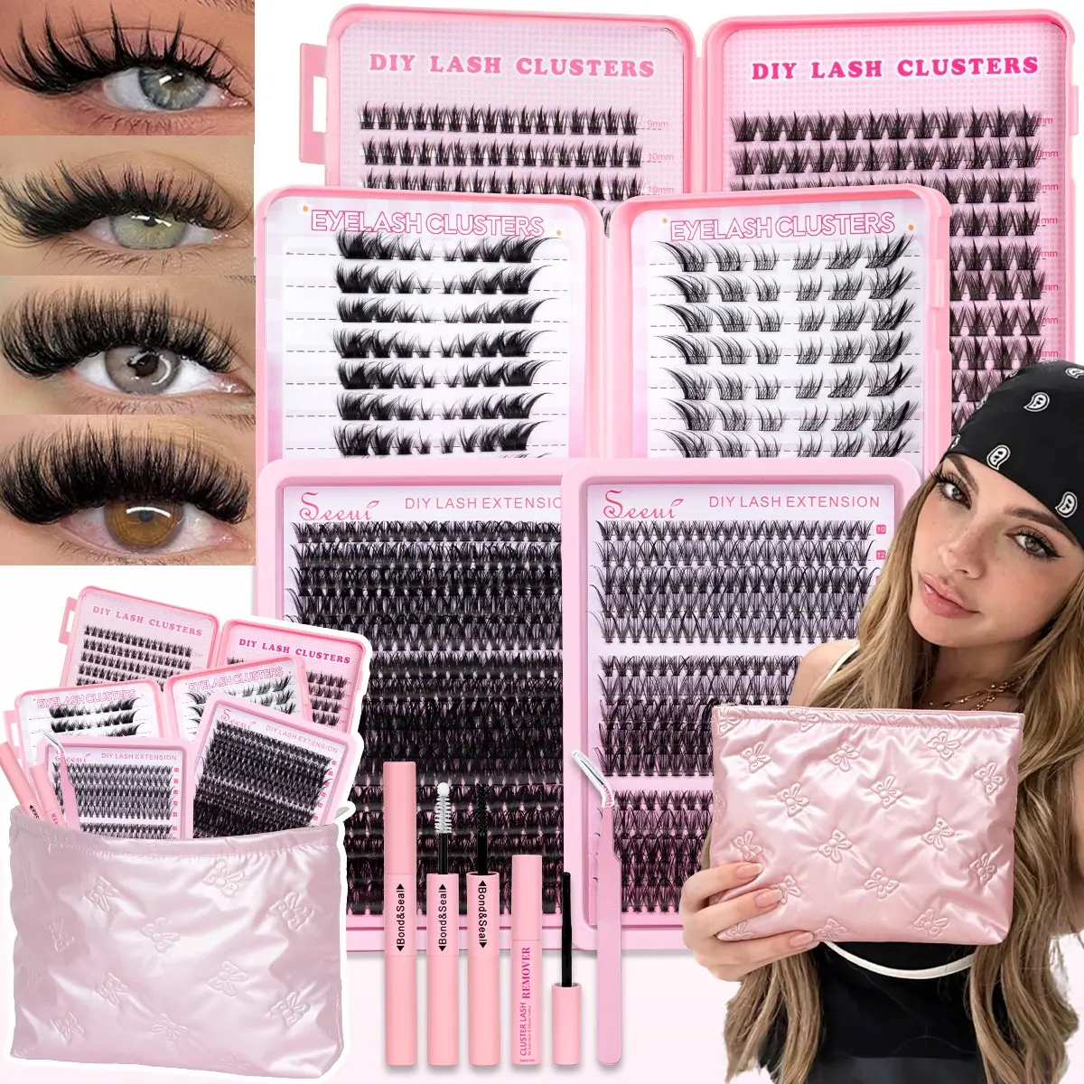 30-100D/Fairy/Manga/Foxy/Cat Eye Lash Cluster Gift Set, Cosmetic False Lashes, 3D Thick Lashes Clusters Kit, Natural Lashes Kit, Bond &Seal, Remove, Tweezers, Easy DIY Salon Look at Home, Long-Lasting Glam for Beginners, Eyelash Extensions