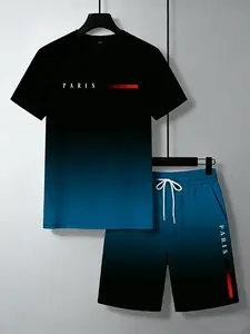 Men's Paris Letter Print T-Shirt & Shorts Set, Casual Crew Neck 2 Piece Outfit, Polyester Knit, All Season Wear, Summer Workout & Vacation Clothes