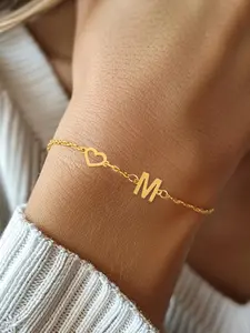 Heart Initial Charm Bracelet, Stainless Steel Chain Bracelet for Women & Girls, Fashion Jewelry for Party, Daily Clothing Decor, Trendy Exquisite Jewelry for Gift