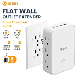 HONIZER Outlet Splitter with 6 AC Side Outlets, Flat Wall Outlet Extender with PD 20W USB C, 3-Sided Electrical Outlet Extender with 4 Cable Clips for Behind Couches, Nightstands, Desks, TV
