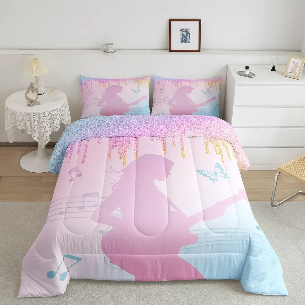 Feelyou 3D Digital Print Duvet & Set - Music Themed Guitar Motif Pink Glitter Comforter, Toddler/Kids Breathable Lightweight Bedding, Twin/Full Multi-Size Quilt for Room Decor, Kids Duvet