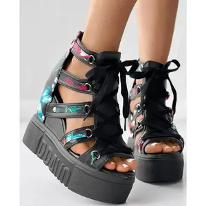 Floral Pattern Lace-Up Platform Wedges