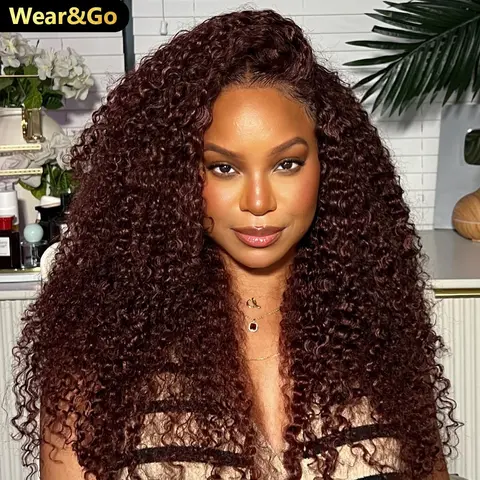 [Upgraded Drawstring] OQ HAIR Reddish Brown Color Kinky Curly Glueless Wigs Pre Cut 7x5 Lace Wear Go Glueless Wig With Drawstring Human Hair Outdoorfun