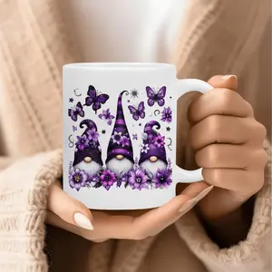 Whimsical Purple Gnome Ceramic Mug Featuring Three Cheerful Gnomes and Floral Design 11oz Insulated Coffee and Tea Cup Microwave Safe Durable Ideal Gift for Holidays Birthdays and Special Occasions Hand Wash Only Night Sky Theme