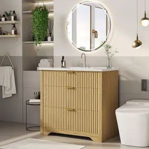 Modern Fluted Freestanding Bathroom Vanity with Sink 24 30 36 Inch Size Bathroom Storage Cabinet with 3 Drawers and Integrated Sink Top