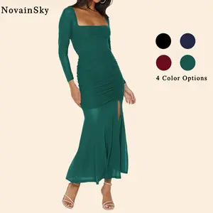 Women's Maxi Dresses Fall 2025 Long Sleeve Ruched Bodycon Solid Cocktail Wedding Guest Dress