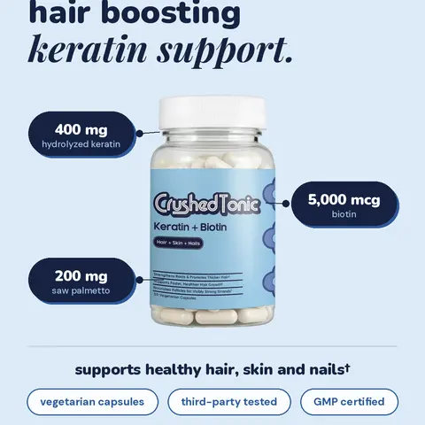Crushed Tonic Keratin & Biotin Hair and Nail Support Capsules - Hydrolyzed Keratin Peptides, Biotin 5000mcg, Saw Palmetto - 30 Capsules, 1 Month Supply - Gluten Free - K-Beauty Ingestible Skincare