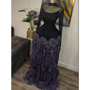 Elegant women’s long-sleeve crew-neck maxi A-line dress with tie-dye print and mesh patches, featuring a slanted waist—autumn/winter party dress, evening dress, streetwear dress GARMENTARY