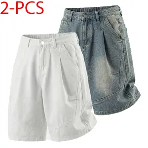 Distressed washed, pleated button mid-rise straight-leg denim shorts for men—summer casual loose fit, five-inch inseam; American retro streetwear brand; suitable for everyday commuting and vacations. #SummerWins #FathersDayGift
