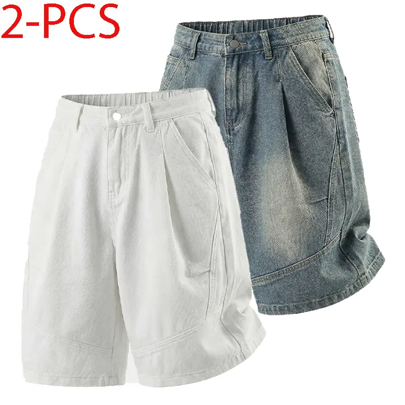 Distressed washed, pleated button mid-rise straight-leg denim shorts for men—summer casual loose fit, five-inch inseam; American retro streetwear brand; suitable for everyday commuting and vacations. #SummerWins #FathersDayGift