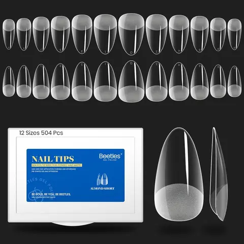 Beetles Etch-X Full Cover Gel Nail Tips - 504Pcs Short Almond 12 Sizes Fake Nail Tips, Easy to Apply Extensions, 504Pcs Short Ballerina Half Matte, Long-Lasting for Any Event, Women's Beauty Gift