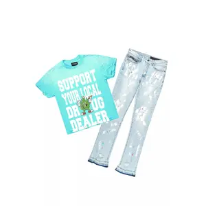 Tarl Blue Oversized T-Shirt/Stacked Flare Jean Set