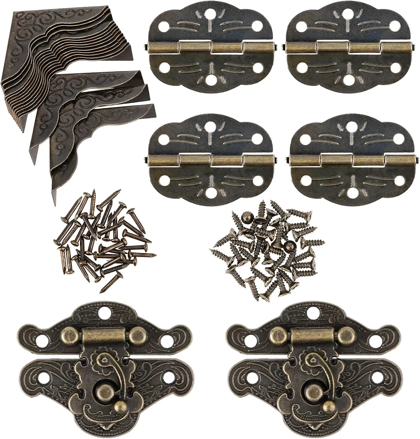 96PCS Engraved Latch Hasp Small Hinges for Wooden Box Jewelry Right Hook Hinges and Box Corner Protectors Hardware Kit Vintage Bronze Hinge with Matching Screws for Decorative Cabinet Small Wooden Box