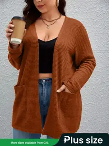 Plus Size Women's Waffle Knit Cardigan, Comfortable Fabric, Dual Pocket Design, Fashionable Spring & Fall Sweater, Multi-Functional Top