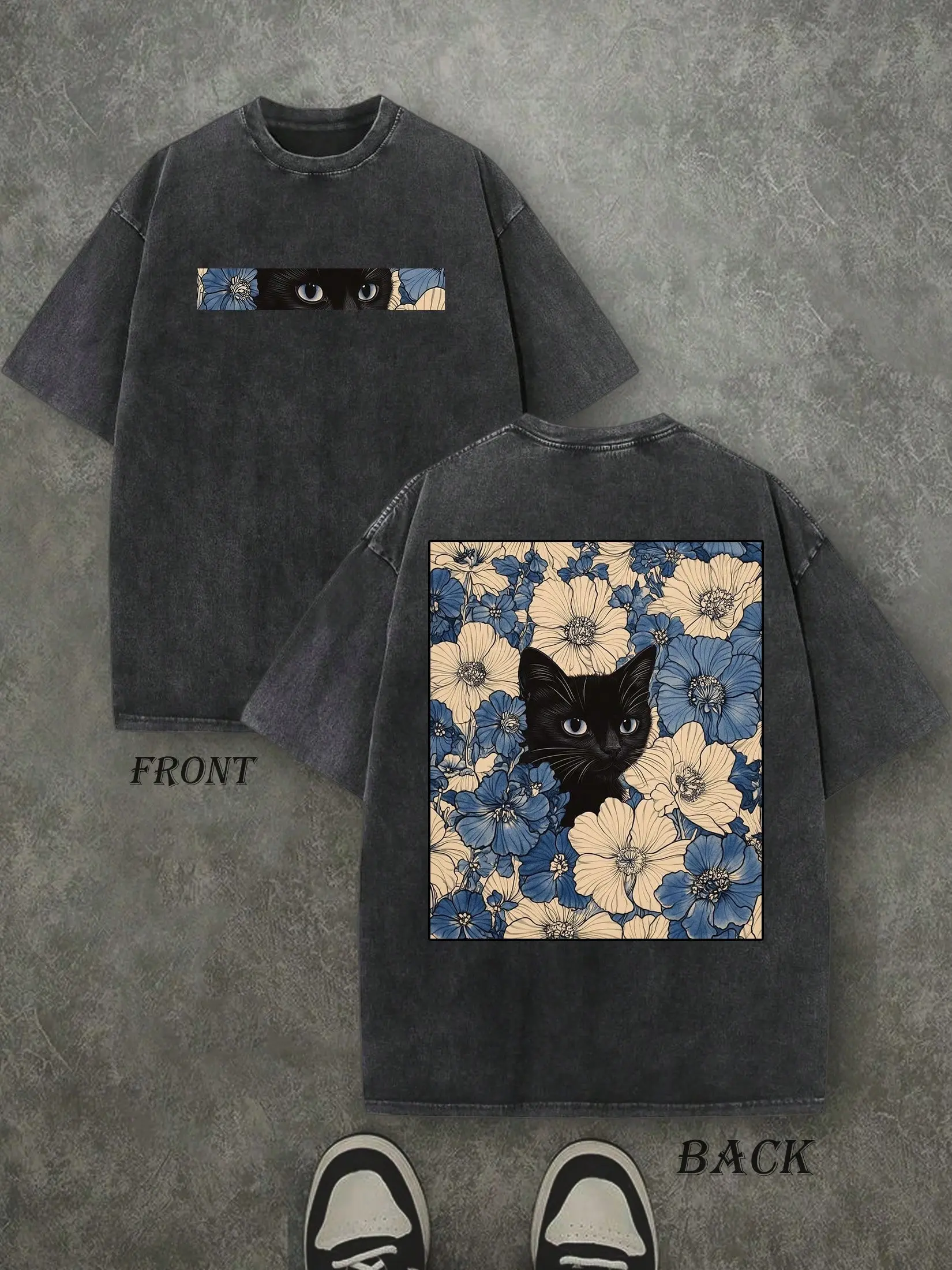 "Cat in the Flowers" Double-Sided Print T-Shirt | Retro Washed 230gsm Cotton, Men's Casual Comfortable Street Style Tee, Vintage Floral Feline Graphic Top Oversized Streetwear Menswear Soft Tshirt