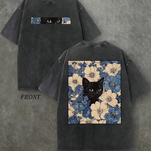 "Cat in the Flowers" Double-Sided Print T-Shirt | Retro Washed 230gsm Cotton, Men's Casual Comfortable Street Style Tee, Vintage Floral Feline Graphic Top Oversized Streetwear Menswear Soft Tshirt