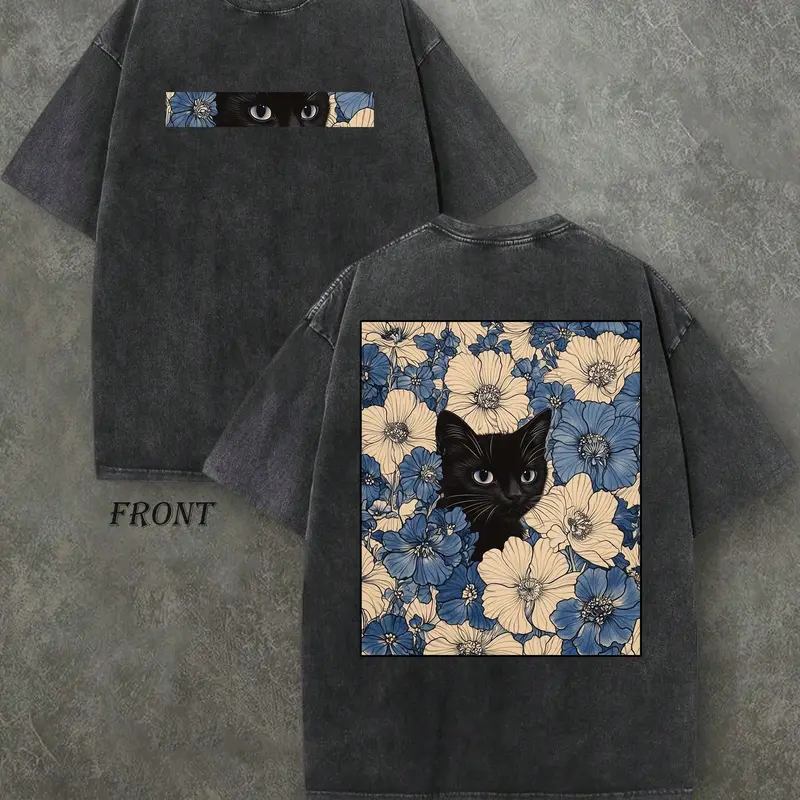 "Cat in the Flowers" Double-Sided Print T-Shirt | Retro Washed 230gsm Cotton, Men's Casual Comfortable Street Style Tee, Vintage Floral Feline Graphic Top Oversized Streetwear Menswear Soft Tshirt