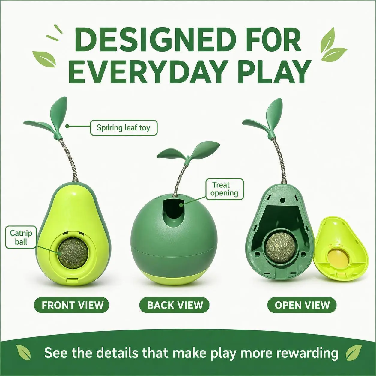 Refillable Catnip Dispenser Catnip Avocado Shaped Cat Tumbler Toy, 360° Wobble Self-Righting Interactive Cat Toy with Replaceable Feather & Catnip Ball, Indoor Kitten Exercise Entertainment Toy