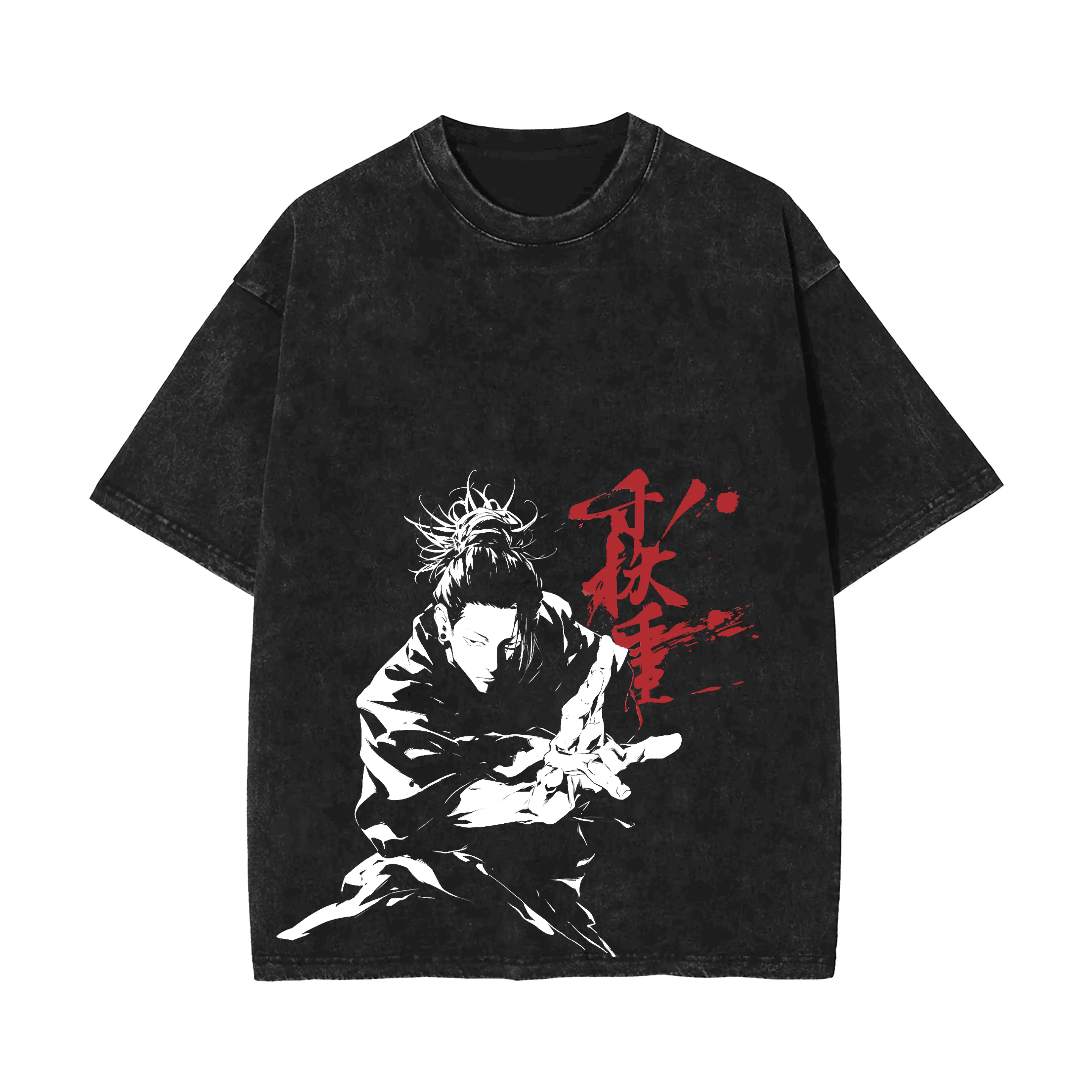 Men's Jujutsu Kaisen T-Shirt with Suguru Geto & Red Calligraphy Graphic, Acid Wash Vintage Streetwear Top, Casual Short Sleeve, Tshirt, Shortsleeve, Distressed, Menswear, Round Neck, All Seasons, Figure Print