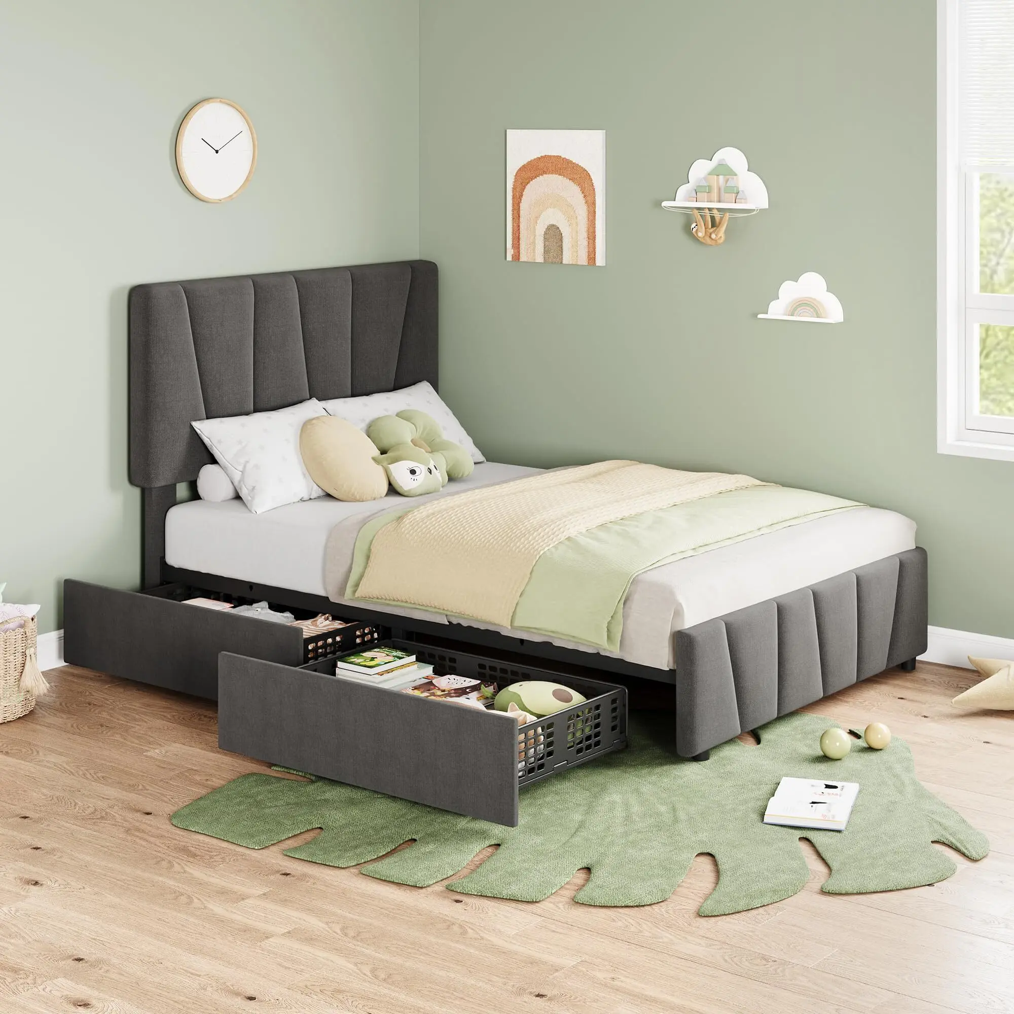 Gaomon Twin Dark Gray Diagonal Pattern Linen Fabric Soft Upholstered Metal Platform Bed Frame for Single Person - Adjustable Headboard, Adjustable Height, Wall-Friendly Design, 2 Storage Drawers, Wooden Slats Support, No Box Spring Needed
